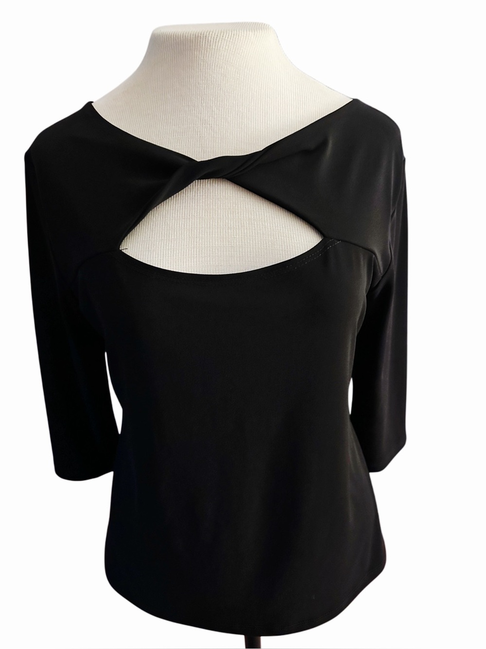 Nine West Black Twist Front Keyhole Top Women’s Large 3/4 Sleeve Stretch Blouse